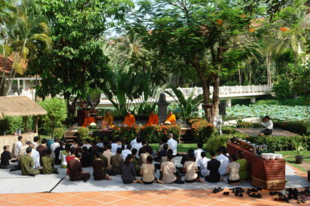 Monks blessing staff at the Sofitel Angkor Phokeethra, Sein Reap, Cambodia