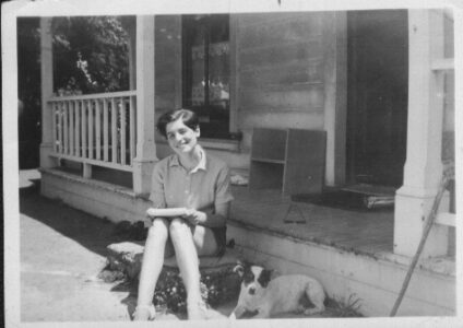 Sylvia on steps of old house Kapiti