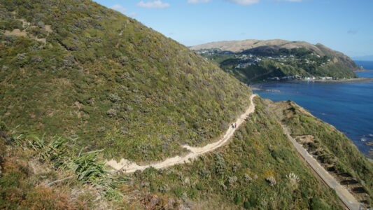 Railway line and roadway far below